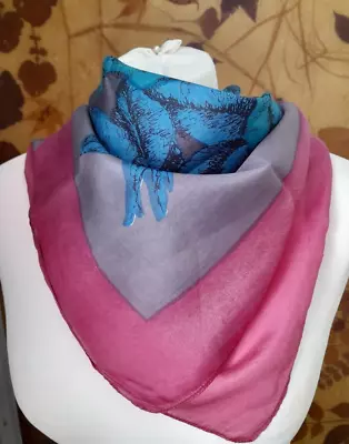 Vintage Head Scarf 30 Inch Square Pink Grey Green Blue Roses Flower Pattern • £5