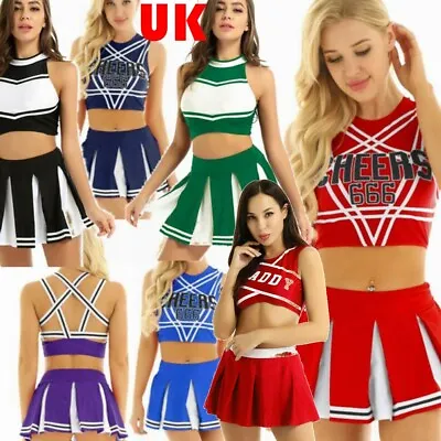 UK Womens School Girls Cheerleading Uniform Costume Crop Top + Pleated Skirt Set • £7.27