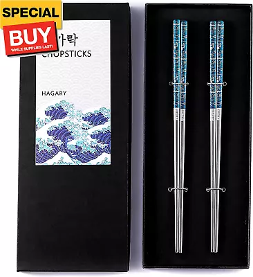 Blue Wave Chopsticks 2 Pairs Metal Chopsticks Reusable Designed In Korea Japanes • $31.68