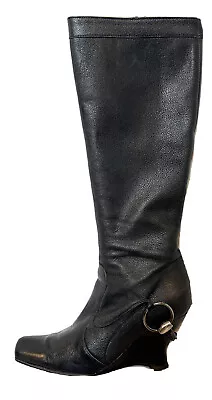 Loiantorno Tall Black Leather Wedge Heel Boots Silver Buckle Italy 37.5 / US 7 • $99.99