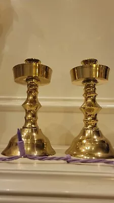 PAIR SET Vtg HP High Polished Brass Altar Candle Sticks Holders DRIP TRAY Church • $85