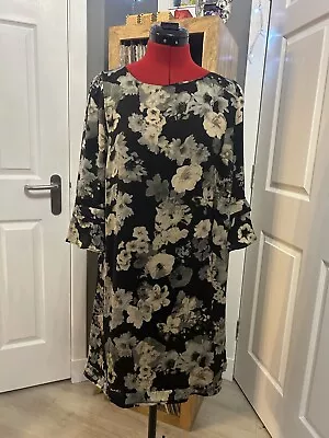 M&S Gorgeous Black Floral Satin Silky Feel Shift Dress Size 14 Floaty Sleeves • £8