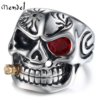 MENDEL Goth Mens Biker Punk CZ Smoking Skull Ring Men Stainless Steel Size 7-15 • $11.99