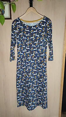 Boden Blue & Mustard Hare Rabbit Folk Print Jersey Penny Dress Pockets • 8 Long • £24