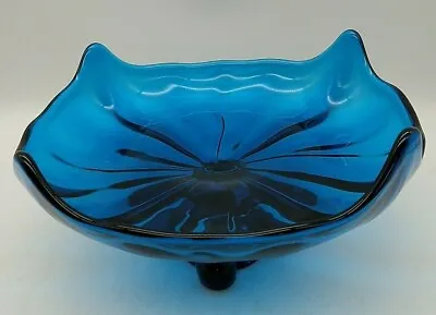 STRETCH GLASS COMPOTE Fruit Bowl Vase Blue 4 Petal Pedestal Vintage MCM Viking ? • $29.99