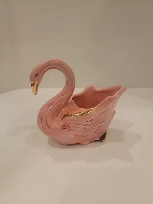 Vintage Swan Planter USA Pottery Pink  MCM Iridescent With Gold Accents 5  Tall • $22.25