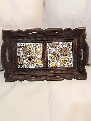 Vintage Hand Carved Wooden Tray With Mexican Tiles From Mexico  • $14.99