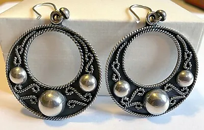 Mexican 925 Silver Beaded Bead Niello Scroll Deco Drop Earrings 2 Inches • $110
