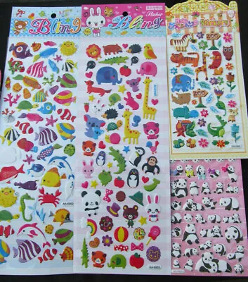 5x LARGE SHEETS KIDS 3D PUFFY REUSABLE STICKERS PANDAS BIRDS DINOS ANIMALS FISH • £3.95