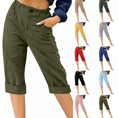 Womens 3/4 Length Cropped Pants Ladies Stretch Elasticated Waist Jogger Trousers • £3.39