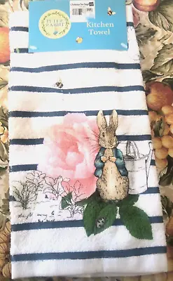 Beatrix Potter Peter Rabbit Cabbage Rose & Bees Navy Stripe Kitchen Towel  2022 • $22.28