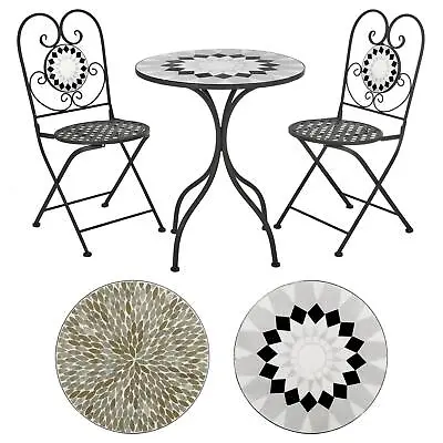 Garden Bistro Set Mosaic Greek Taverna Table 2 Chairs Black Metal Furniture • £179.99