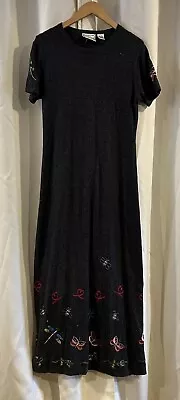 MICHAEL SIMON Lite Black Sweater Maxi Dress Floral Butterfly Silk Beaded Sz L • $79.99