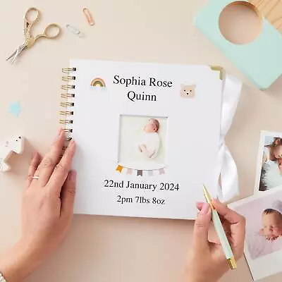 Personalised Linen Baby Scrapbook Album With Photo Newborn Boy Girl Gift Custom • £13.95