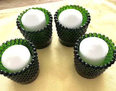 Vintage 4 Hobnail Votive Glass Candle Holders W/ White Wax Candles • $20