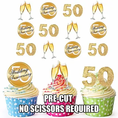 50th Wedding Anniversary PRECUT Edible Cupcake Toppers Cake Decorations 12 Pack • £3.99