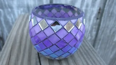 $10 • Buy NEW FIMO Polymer Clay Covered Glass Globe Votive Candle Holder Purple Mosaic