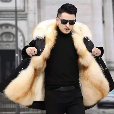 Faux Fur Coat Loose OverCoat Men Inner Liner Detachable Collar Long Fur Parkas • £190.36