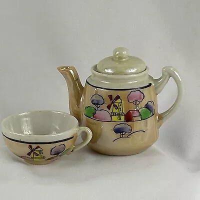 MINIATURE TEAPOT AND CUP Beige Windmill Scene Porcelain Japan Mini • $12