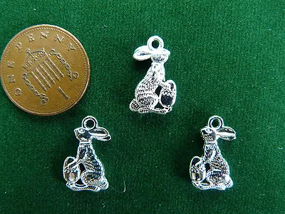 10 Easter Bunny Charms - Bright Silver - Rabbit Holding Egg Fertility Wicca • £3