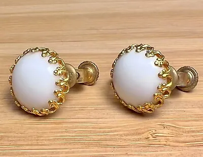 Vintage Miriam Haskell Signed Milk Glass Gold Tone Screw-Back Button Earrings • $44