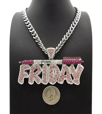 WOMEN'S HIP HOP ICED PINK FRIDAY PENDANT & 10mm 18  CUBAN CHOKER CHAIN NECKLACE • $25.99