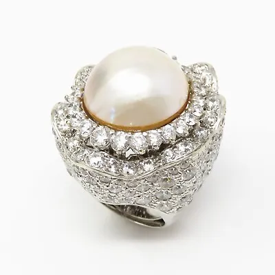 NYJEWEL 14k White Gold Huge 20mm Mabe Pearl & Clear Stone Ring 47.8g • $2100