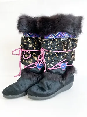 TECNICA Goat Fur Winter Boots Italy Leather Wedge Women EU 41 US 9 Vintage • $99.99