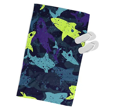 Shark Pattern MICROFIBRE BEACH TOWEL Designer Blue • £22.99