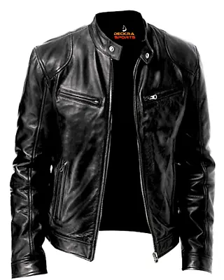 Men's Genuine Leather Jacket Motorbike Biker Stylish Jacket Top Coat Casual • $154.49