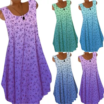 $14.05 • Buy Womens Gradient Sleeveless Floral Print Dress Summer Casual Loose Swing Sundress