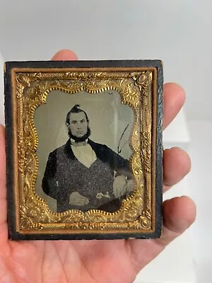 Antique Photo Tin Type Daguerreotype Or Ambrotype Of Man In Leather Case ABE? • $19.99