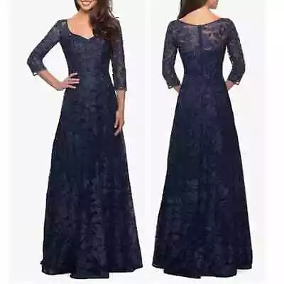 La Femme Floral Embroidered Mesh A-Line Gown Navy Dress Size 14 NWT  • $249.99