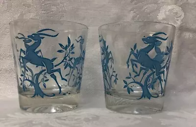 2 Vintage Mid Century Federal Glasses Aqua Gazelle Deer Tumbler 3.25  X 3  EUC • $15.49