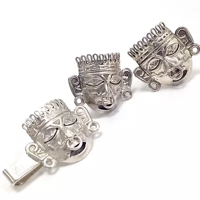 Vtg Mexico Sterling Aztec Mayan God Face Tribal Mask Cufflinks & Tie Clip 3PC • $64.99