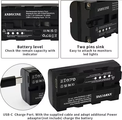 NP-F550 NP-F750 NP-F970 Lithium-Ion Battery Pack Built-in USB-C Charging Port • $8