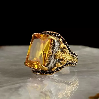 5Ct Emerald Cut Lab-Created Citrine Diamond Men's Rings 14K Two Tone Gold Plated • $117.70