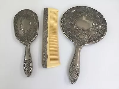 Vintage 3 Pc Vanity Set Hand Mirror - Brush - Comb Silver Plated Rose Ornate • $15