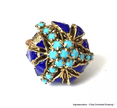 Vtg Ring Blue Rhinestone Enamel Flower Gold Tone SIZE 7.5 Jewelry Lot I • $1.99