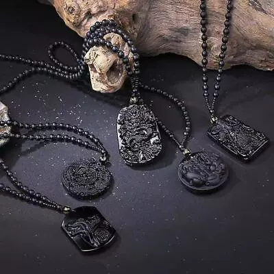 Unisex Natural Obsidian Hand Carved Amulet Lucky Pendant Beads Necklace Gift • £8.10