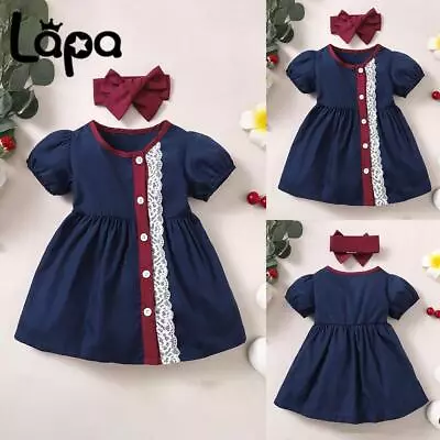 Infant Baby Girl Colorblock Lace Princess Dress Bow Party Outfits Clothes Set UK • £8.39