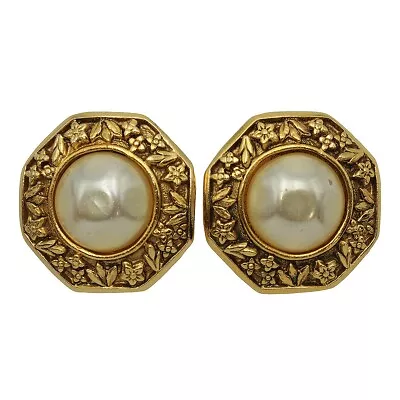 CHANEL Gold-tone Faux Pearls Octagon Earrings Clip-on Vintage C2647 • $158