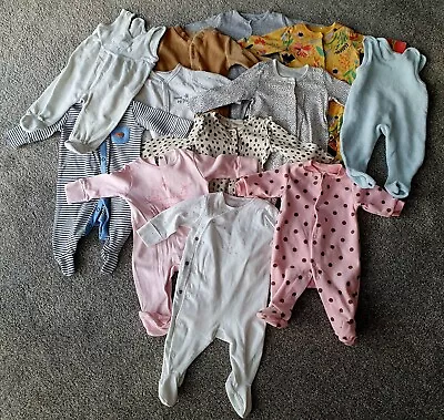 Baby Girl Sleepsuits Bundle 0-3 Months 10x Sleepsuits 2x Dungarees • £4.99