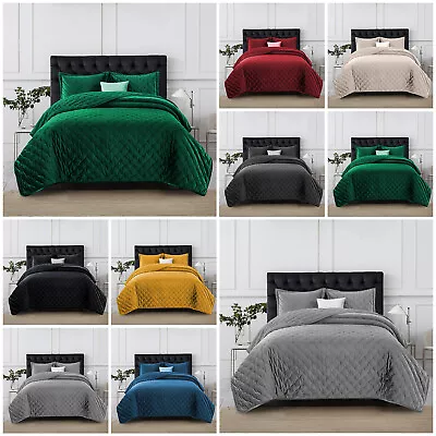Luxury Quilted Velvet Bedspread Bed Throw Double King Size Comforter Bedding Set • £34.19