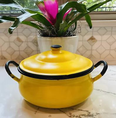 Vintage OTTO Japan YELLOW Enamelware 10  Pot W/Lid & Handles Black Trim Coated • $23.99