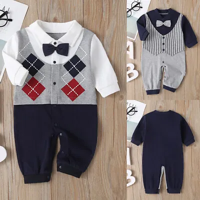 Newborn Baby Boys Gentleman Bodysuit Jumpsuit Romper Long Sleeve Clothes Outfit • £11.19