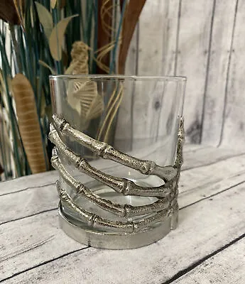 Halloween Skeleton Hand Glass- Rocks Glass Cocktail Glass- Silver Metal New! • $22.99