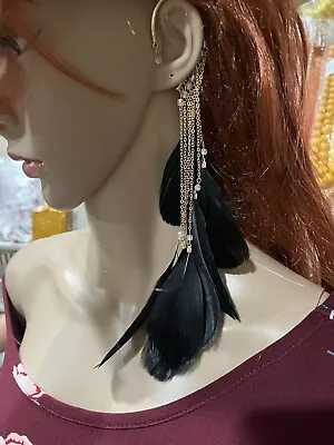 $13 • Buy Black Feather Ear Cuff No Piercing , Feather Ear Cuff , Black Earring One Piece