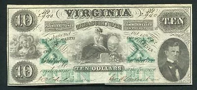 1862 $10 Virginia Treasury Note Richmond Va Obsolete “ten Watermark” Unc • $199.95