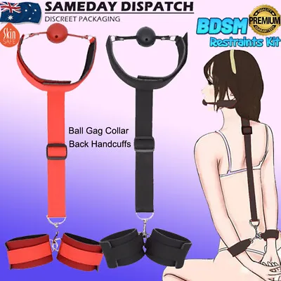 BDSM Back Restraints Bondage Kit Mouth Gag Collar Handcuffs Fetish Adult Sex Toy • $19.99